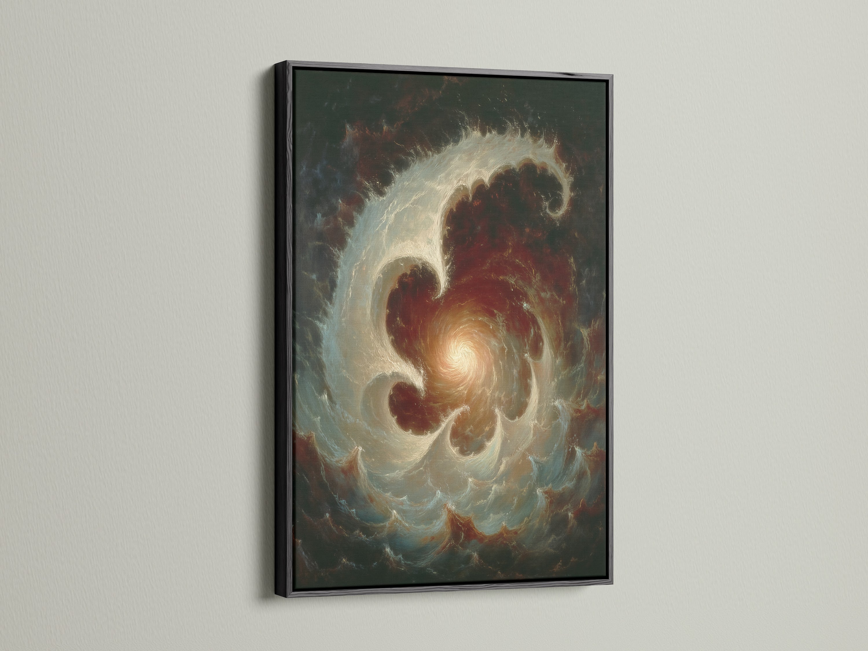 Celestial Vortex abstract galaxy wall art is displayed in a black frame. The moody tones are ideal for study room decor. This abstract canvas is great as library wall art. It is a unique piece of cosmic artwork.