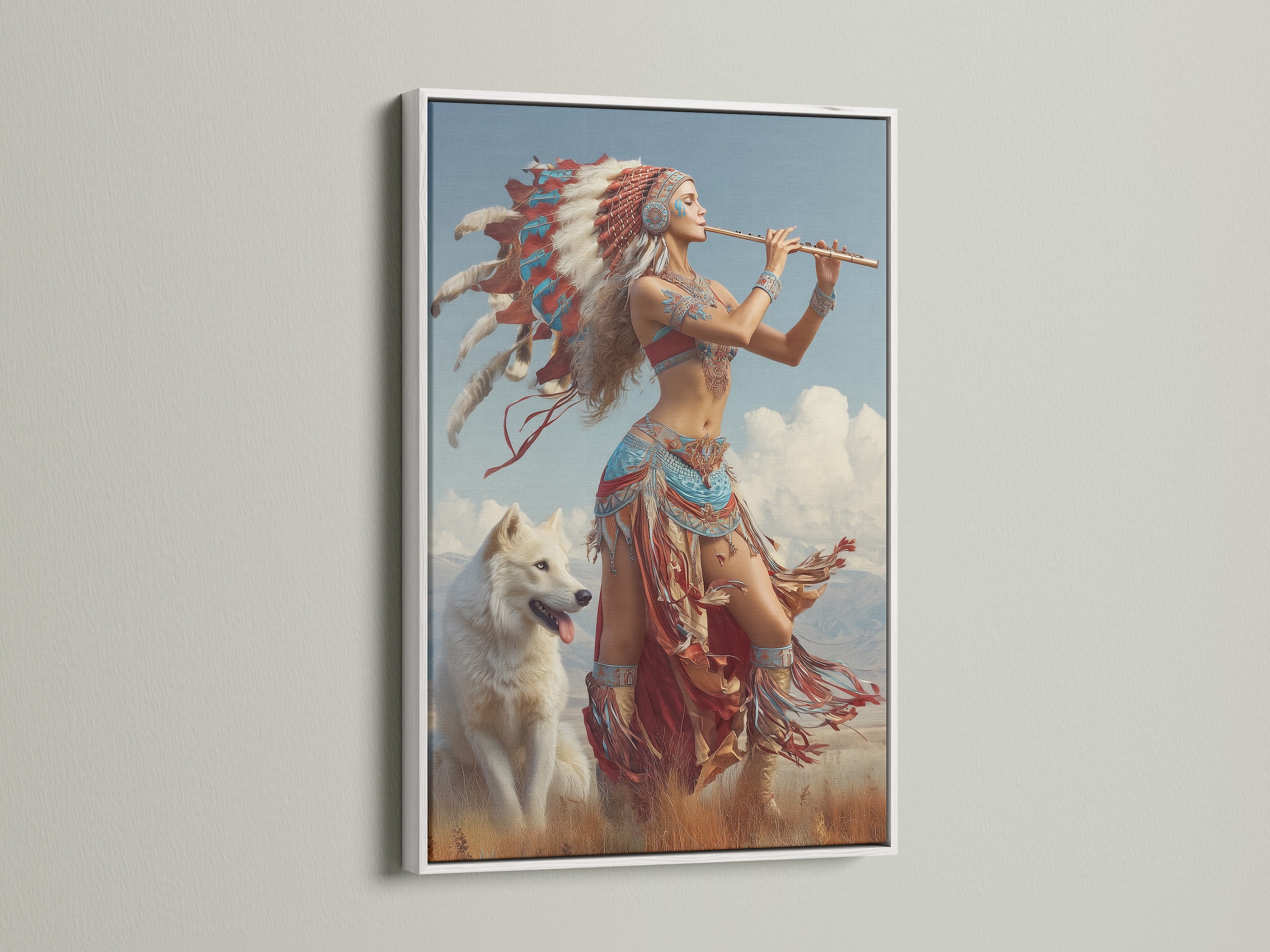 This artwork is presented in a sleek white frame. The artwork depicts a woman in traditional Native American dress with a flute and white wolf. The bright white frame provides a clean modern touch. It allows the artwork to stand out.