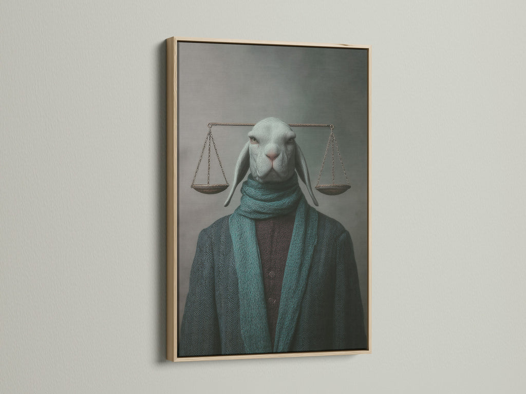 The Justice Rabbit artwork is showcased in an oak frame. The frame enhances the animal portrait's contemporary style. Ideal legal office art for lawyers and animal lovers. This surreal animal art adds a touch of sophistication.