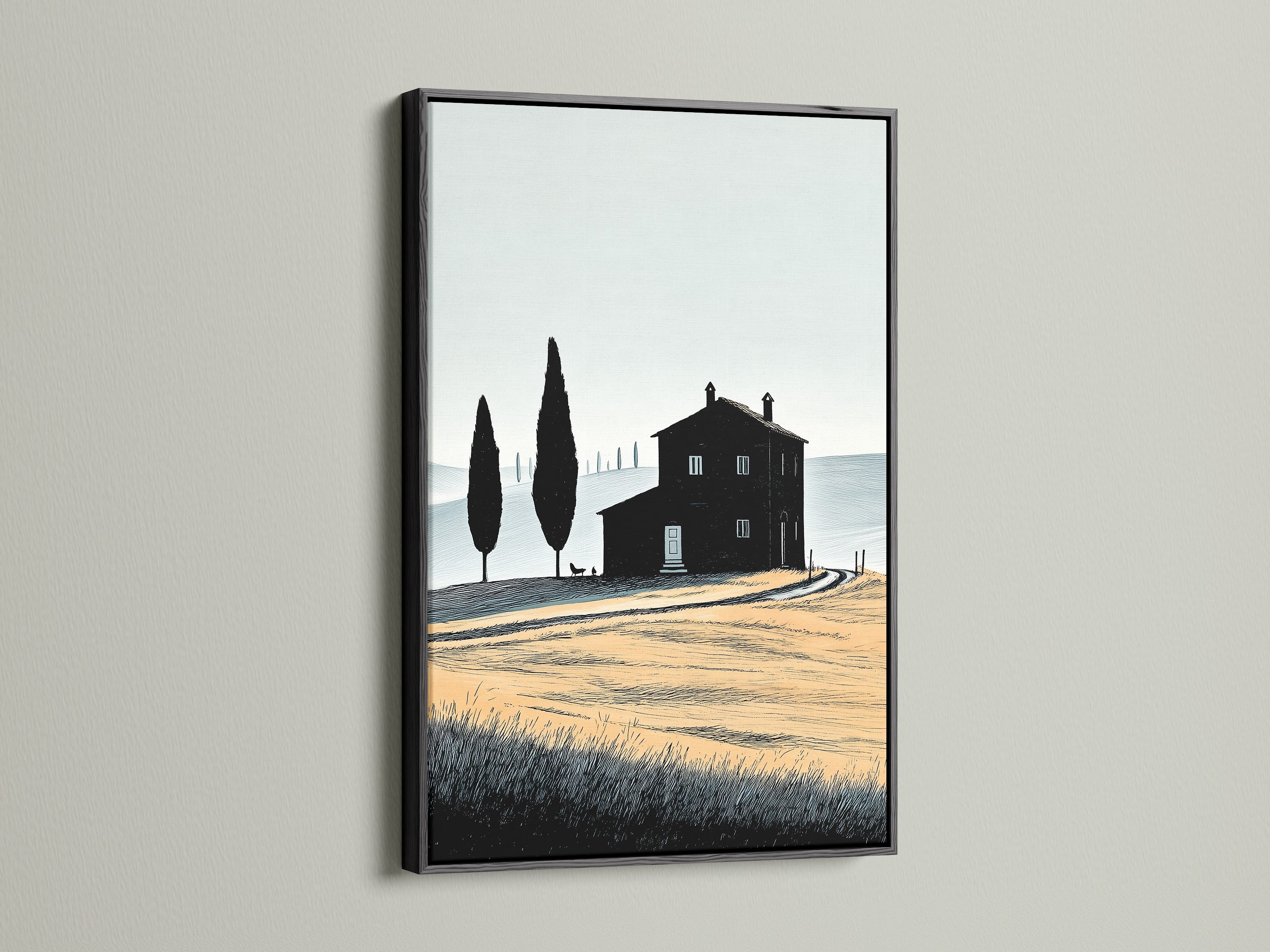 Tuscan Farmhouse artwork with a black frame. This rural wall art offers a vintage touch. A striking contrast for modern farmhouse decor. Enhance your home with this tuscany painting.