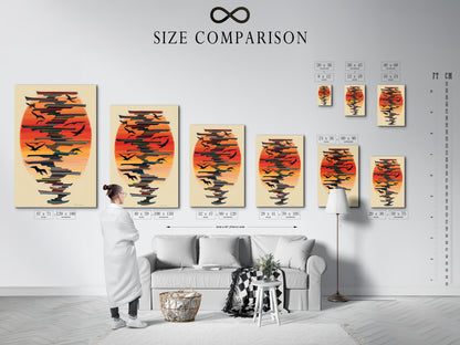 A size comparison chart displays the Birds in Flight artwork in an interior setting. Visualize how this abstract print fits in your home. This coastal wall art comes in various sizes. Find the perfect scale for your bird wall decor.