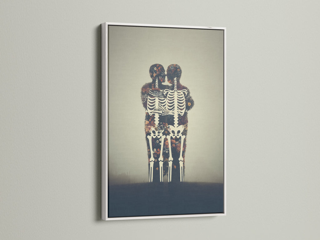 This Floral Skeleton gothic canvas is in a white frame. The flower skeleton artwork adds an unusual touch to any room. Great bone print for anatomy wall art. Consider this moody artwork.