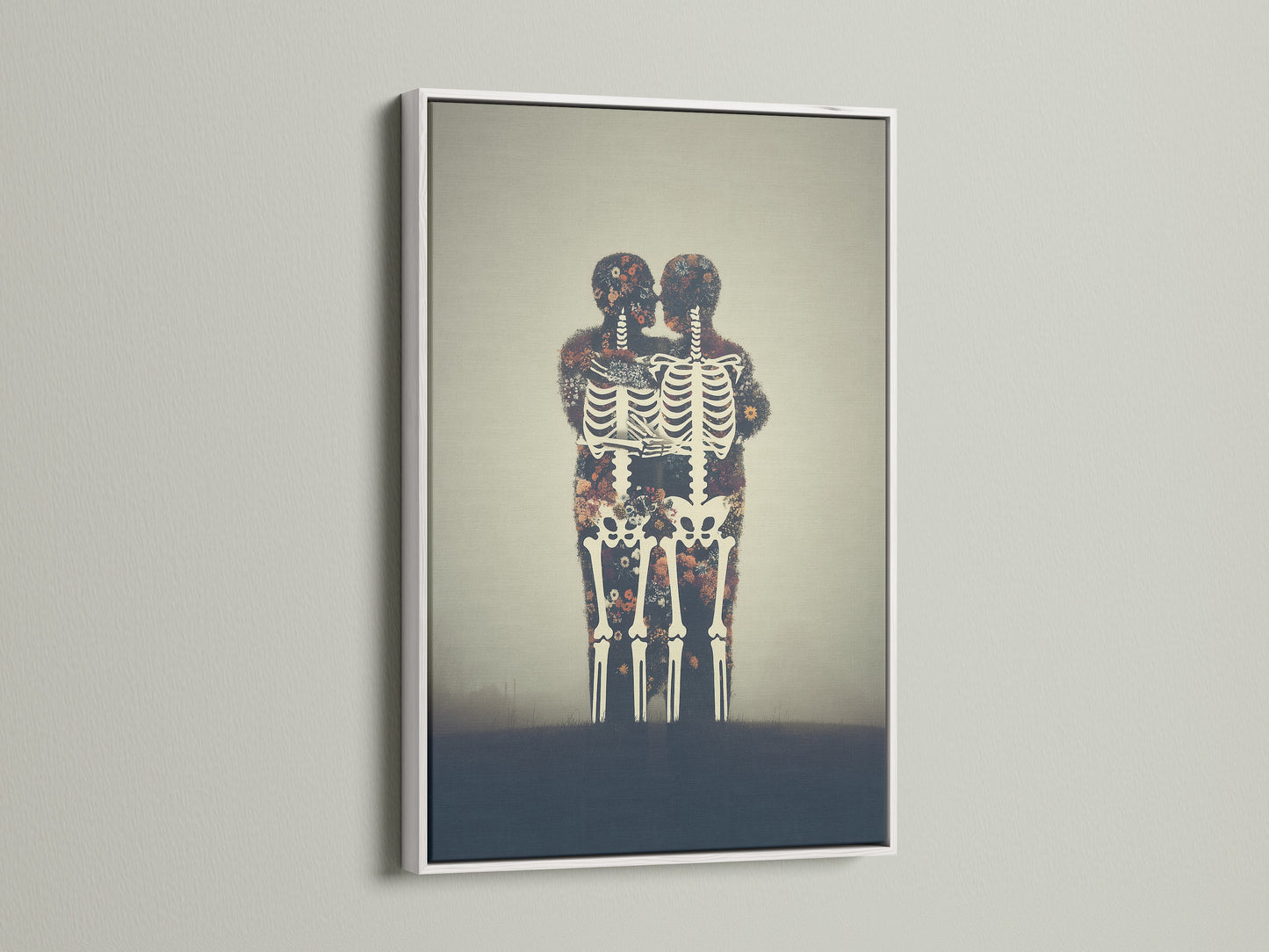 This Floral Skeleton gothic canvas is in a white frame. The flower skeleton artwork adds an unusual touch to any room. Great bone print for anatomy wall art. Consider this moody artwork.