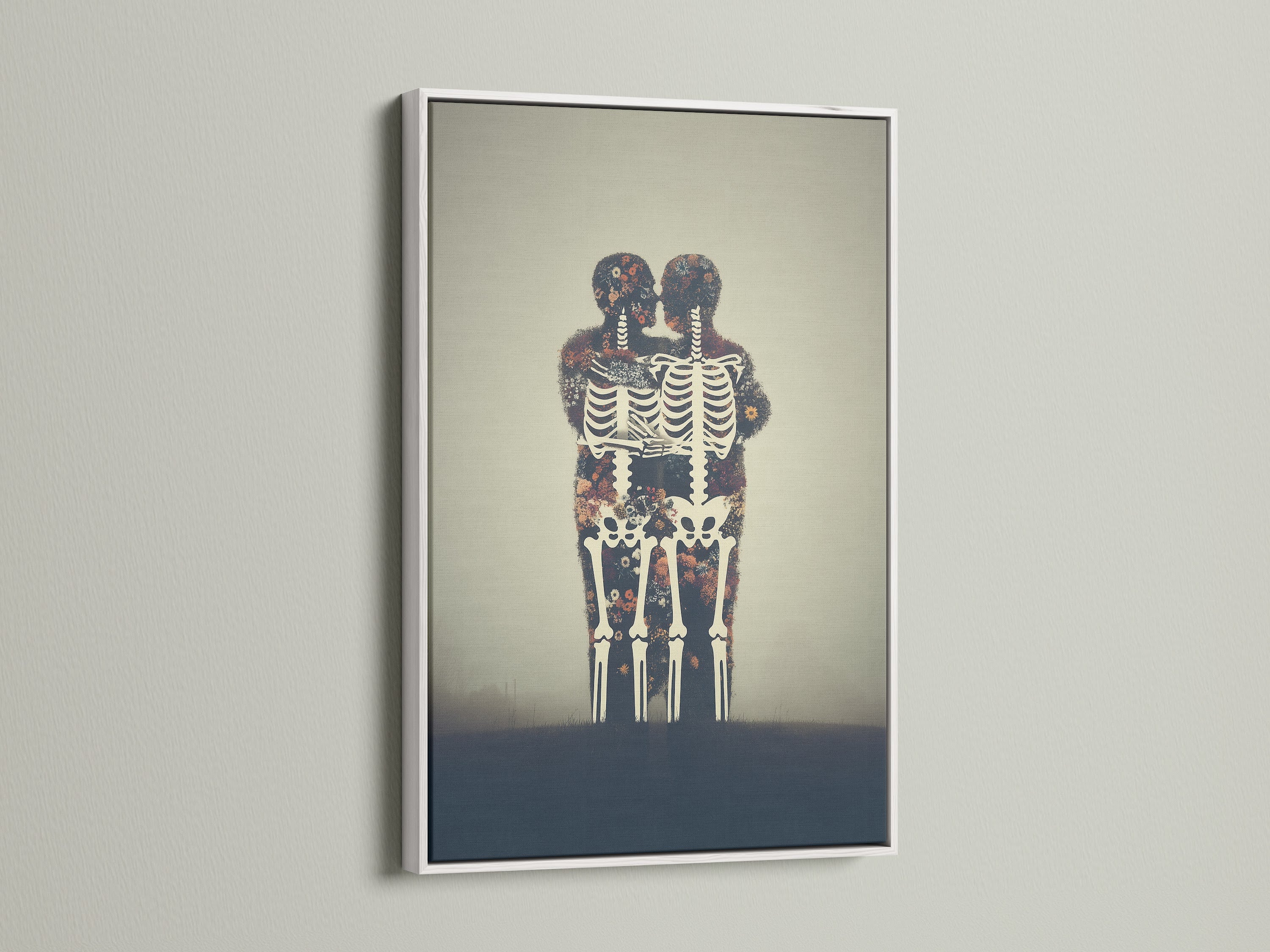 This Floral Skeleton gothic canvas is in a white frame. The flower skeleton artwork adds an unusual touch to any room. Great bone print for anatomy wall art. Consider this moody artwork.