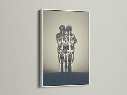 This Floral Skeleton gothic canvas is in a white frame. The flower skeleton artwork adds an unusual touch to any room. Great bone print for anatomy wall art. Consider this moody artwork.