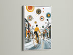 City Cyclists artwork is presented in a clean white frame. The urban canvas art showcases cyclists on a city street. This mid-century modern piece adds a touch of sophistication. Ideal for office wall art.