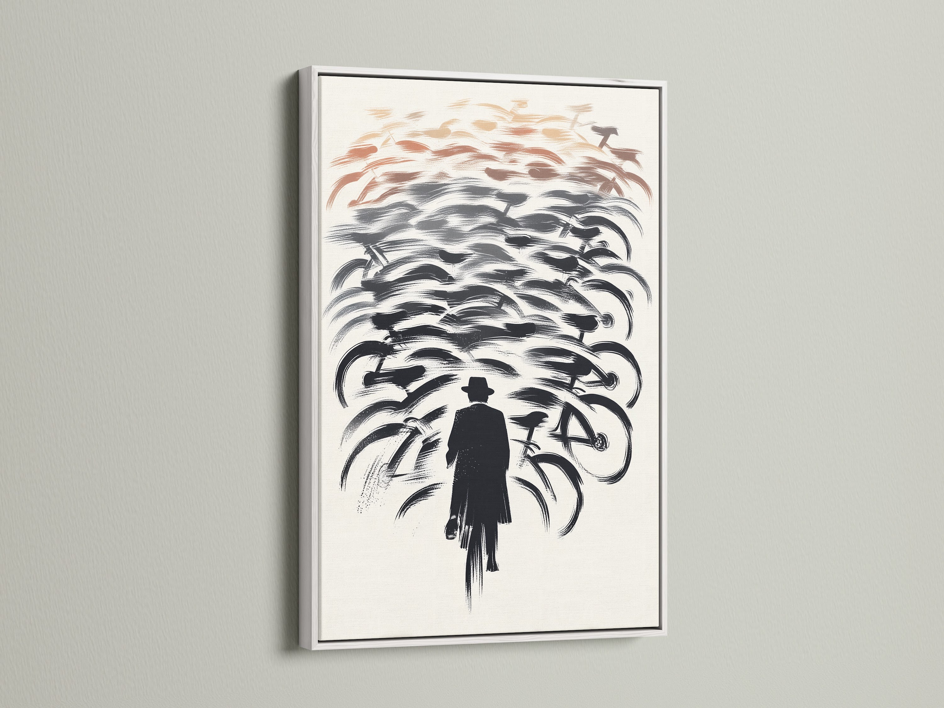 This bicycle canvas print is framed in white. Featuring a man and bikes wall art. The abstract cycling poster brings a fresh look to your office wall decor. Shop now for cyclist artwork and modern art prints for your home.