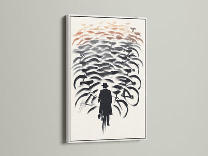 This bicycle canvas print is framed in white. Featuring a man and bikes wall art. The abstract cycling poster brings a fresh look to your office wall decor. Shop now for cyclist artwork and modern art prints for your home.