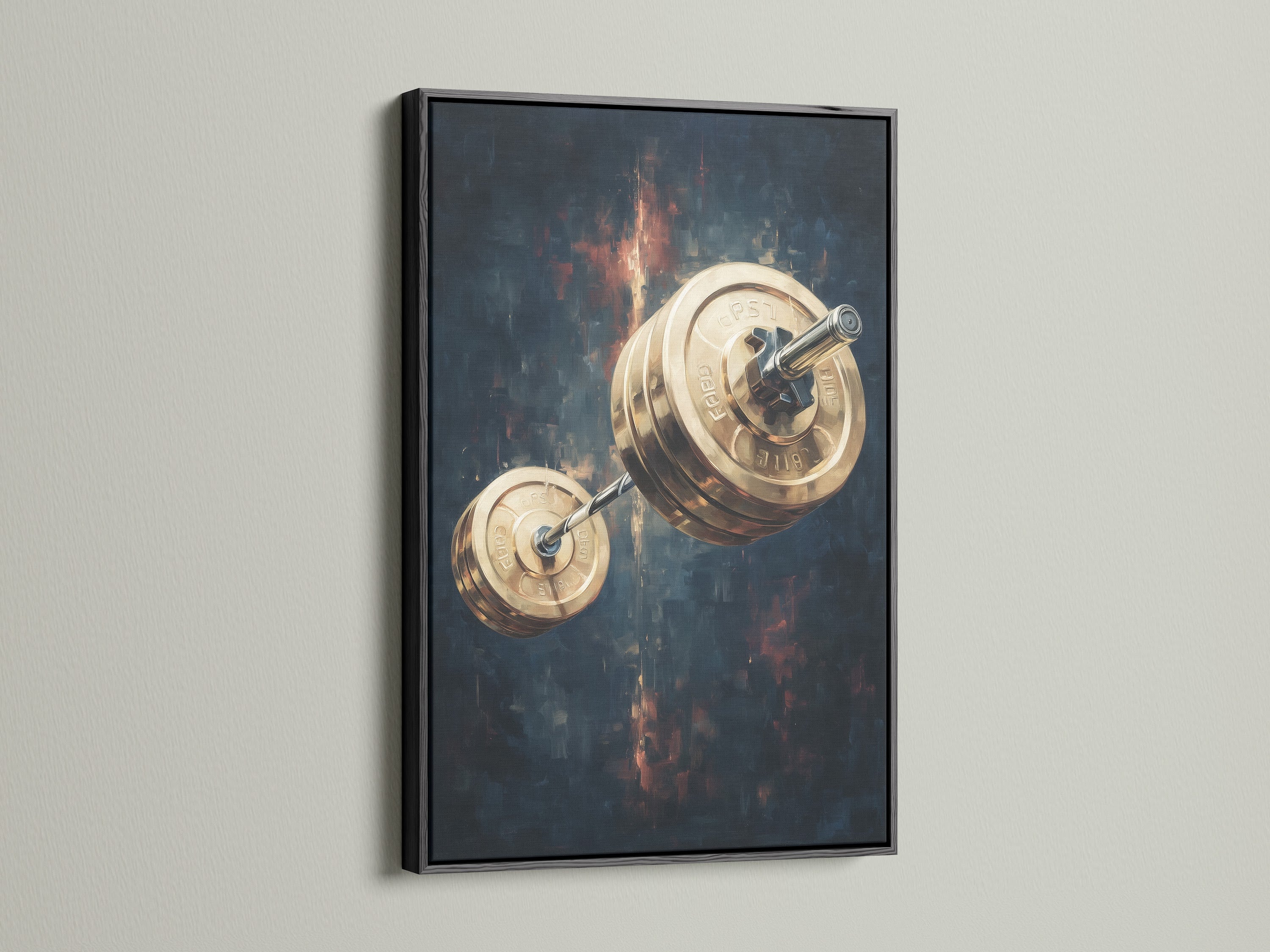 A black frame showcases the barbell weights canvas print. This modern artwork is suited for industrial-style gyms. Weight lifting art that inspires strength and dedication. Purchase this striking black frame today.