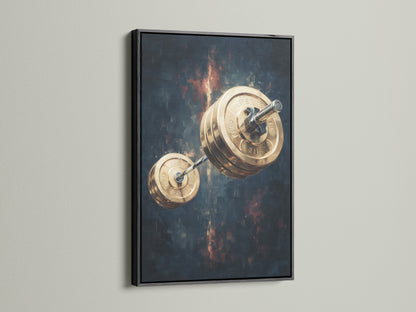 A black frame showcases the barbell weights canvas print. This modern artwork is suited for industrial-style gyms. Weight lifting art that inspires strength and dedication. Purchase this striking black frame today.