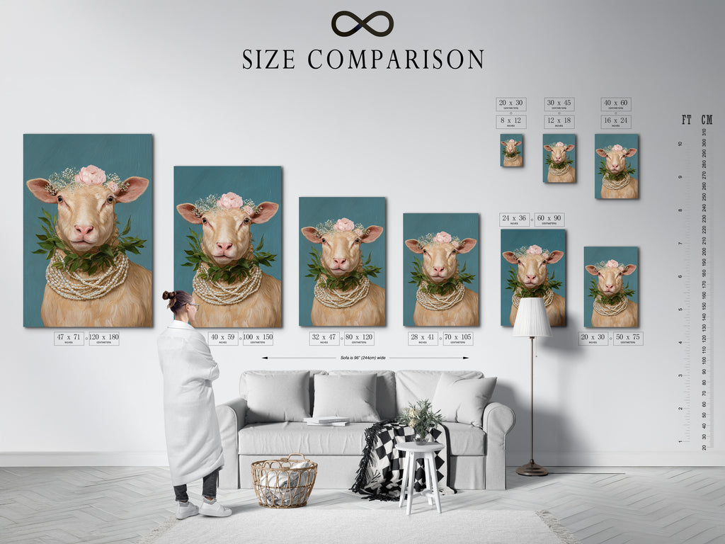 Size comparison chart in an interior setting featuring whimsical sheep artwork. See how this Country Wall Art fits in your space. The floral crown and pearl necklace add charm. Perfect for Nursery Wall Decor and farmhouse styles.
