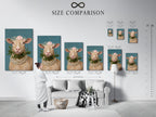 Size comparison chart in an interior setting featuring whimsical sheep artwork. See how this Country Wall Art fits in your space. The floral crown and pearl necklace add charm. Perfect for Nursery Wall Decor and farmhouse styles.