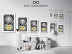 Size comparison chart in an interior setting. The chart shows art print sizes. It helps visualize artwork dimensions. The chart is displayed in a room. It aids in choosing the right size. The comparison is helpful for customers.
