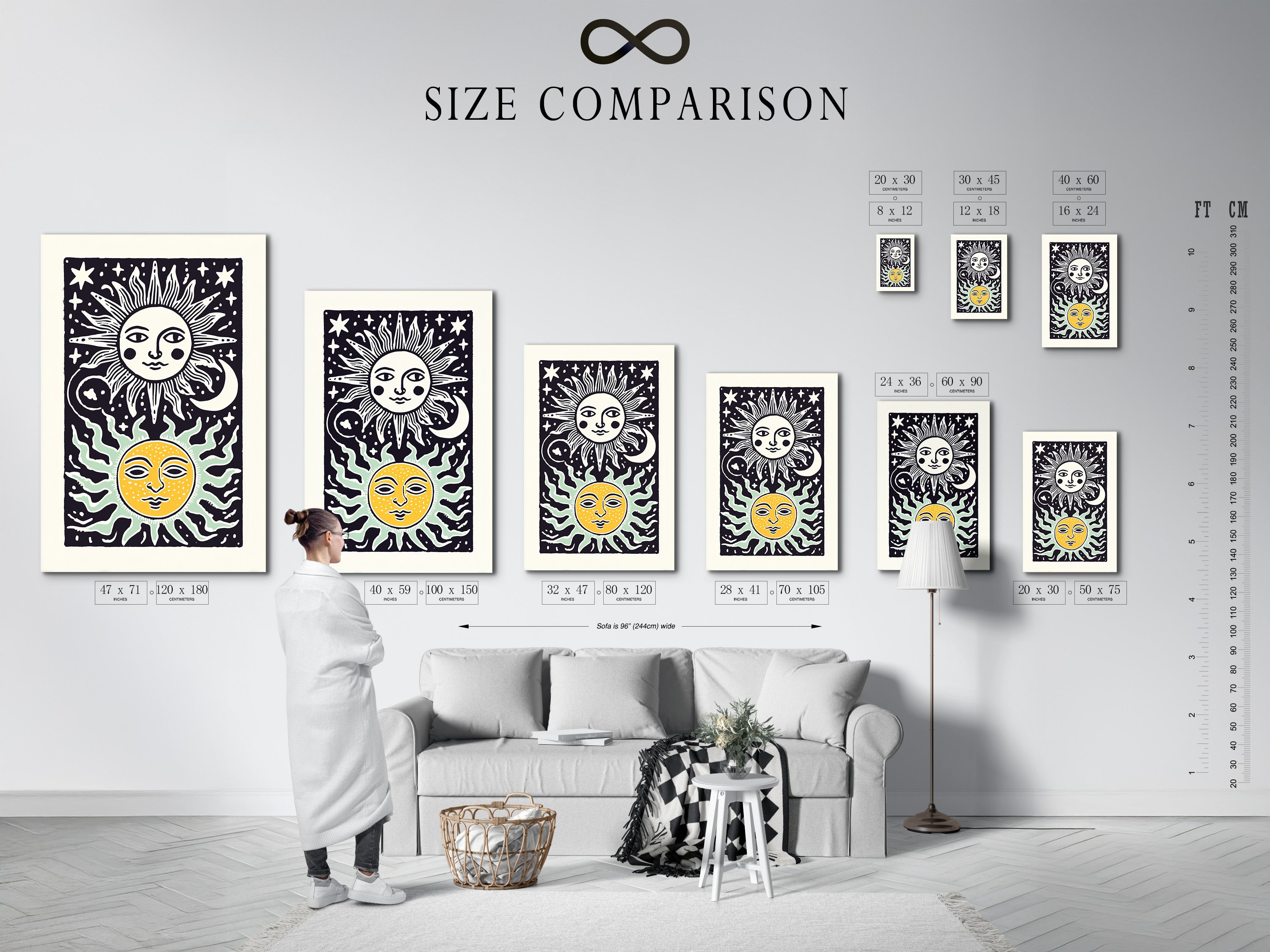 Size comparison chart in an interior setting. The chart shows art print sizes. It helps visualize artwork dimensions. The chart is displayed in a room. It aids in choosing the right size. The comparison is helpful for customers.