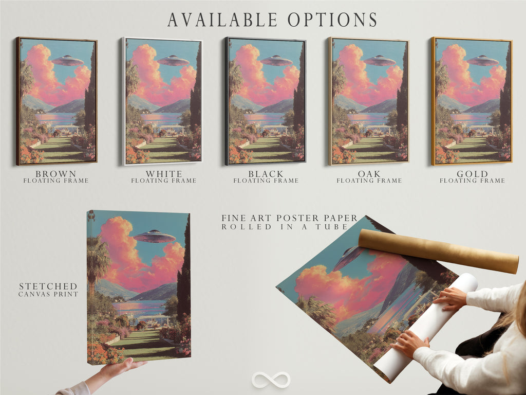 Explore available options for UFO landscape art. Select from stretched canvas prints fine art poster paper. Consider a floating frame to enhance your retro alien canvas print. Each choice brings surreal sci-fi charm. Primary color is pink. Secondary color is blue.