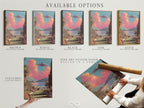 Explore available options for UFO landscape art. Select from stretched canvas prints fine art poster paper. Consider a floating frame to enhance your retro alien canvas print. Each choice brings surreal sci-fi charm. Primary color is pink. Secondary color is blue.