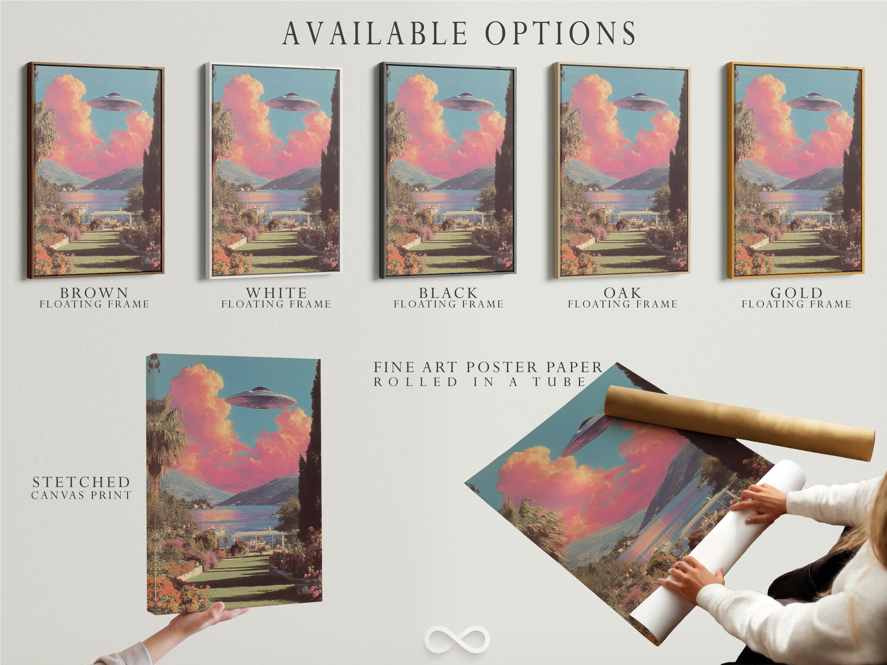 Explore available options for UFO landscape art. Select from stretched canvas prints fine art poster paper. Consider a floating frame to enhance your retro alien canvas print. Each choice brings surreal sci-fi charm. Primary color is pink. Secondary color is blue.