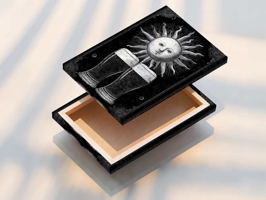 A stretched canvas print of a vintage sun illustration artwork. The art print shows two glasses of beer beneath the sun. Stretched canvas provides a ready-to-hang display option. Transform your walls with this canvas art.