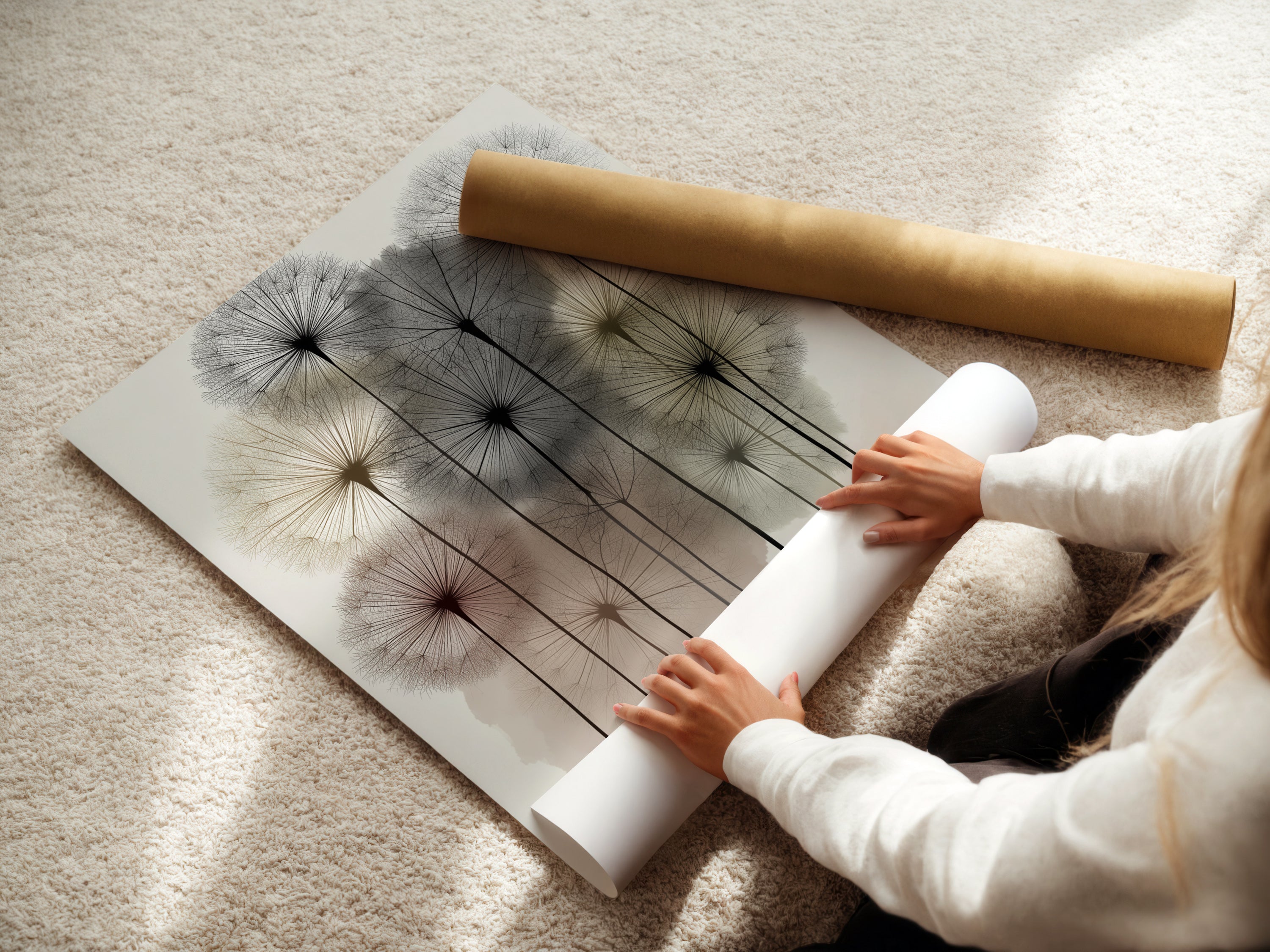 A woman is carefully rolling a fine art poster paper. This ensures your dandelion art arrives in perfect condition. High-quality botanical prints for your home. Perfect for creating modern floral decor. Get your neutral wall art delivered safely.