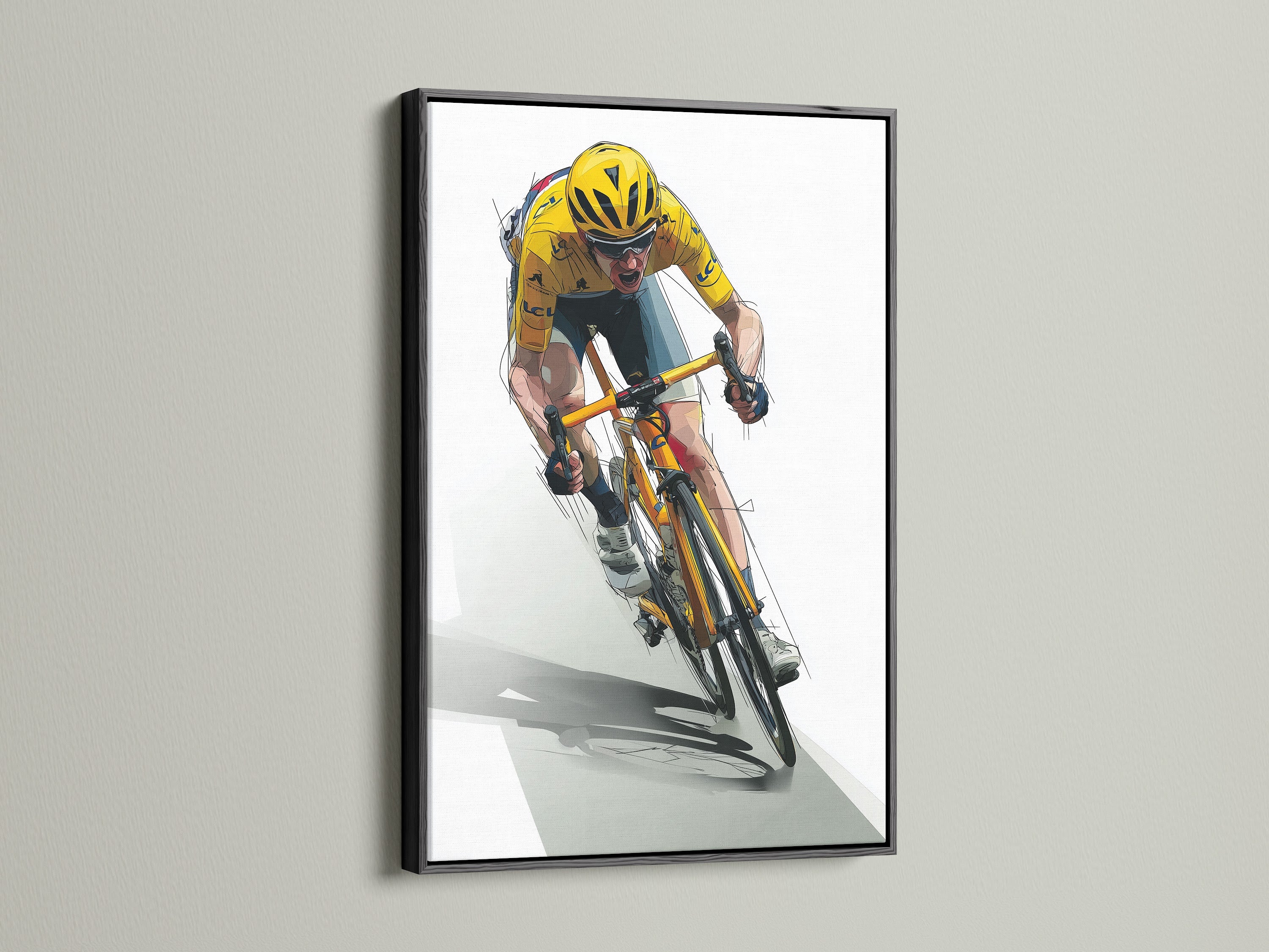 Artwork of a cyclist in the yellow jersey framed in a black frame. The black frame offers a bold and sophisticated touch. It adds a dramatic element to your artwork. It will make your artwork pop.