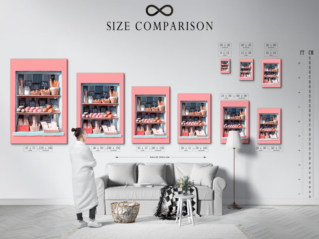 Here is a size comparison chart in an interior setting. The chart helps visualize the art in different sizes. This artwork allows customers to choose the perfect fit. The size comparison ensures satisfaction. It creates confidence in the purchase. The chart is useful for interior planning. It helps customers design their spaces.
