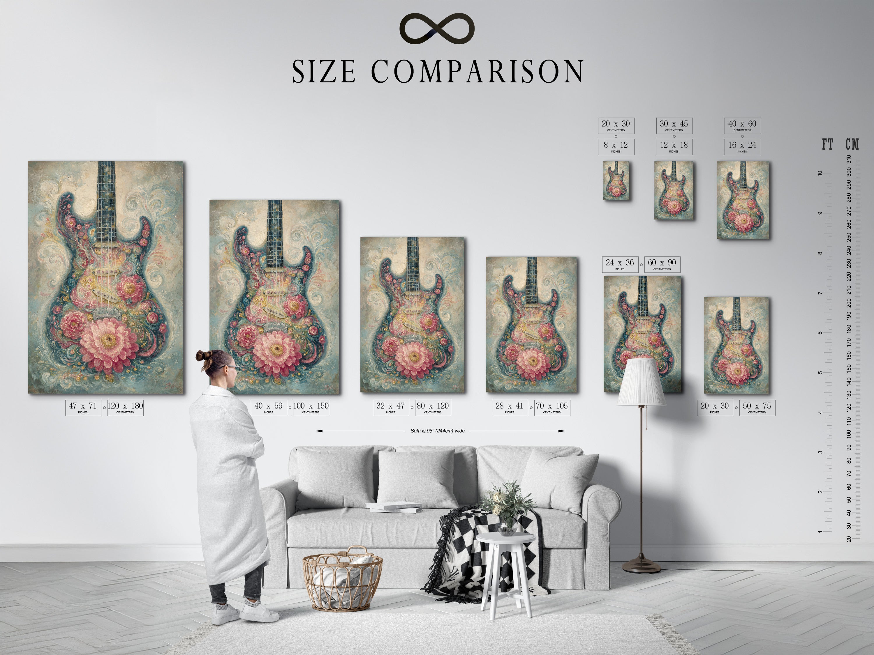 The size comparison chart in an interior setting helps visualize art dimensions. See how different sizes fit in your space. Plan your art arrangement with confidence. It ensures the perfect fit for your wall. This helps you make informed art choices.