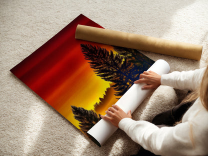 A woman carefully rolling a fine art poster paper. The poster features a beautiful forest sunset artwork. The warm tone nature print is perfect for bedroom decor. High-quality pine tree art ensures a stunning display. Ideal for homeowners and interior decorators seeking elevated rustic wall art.