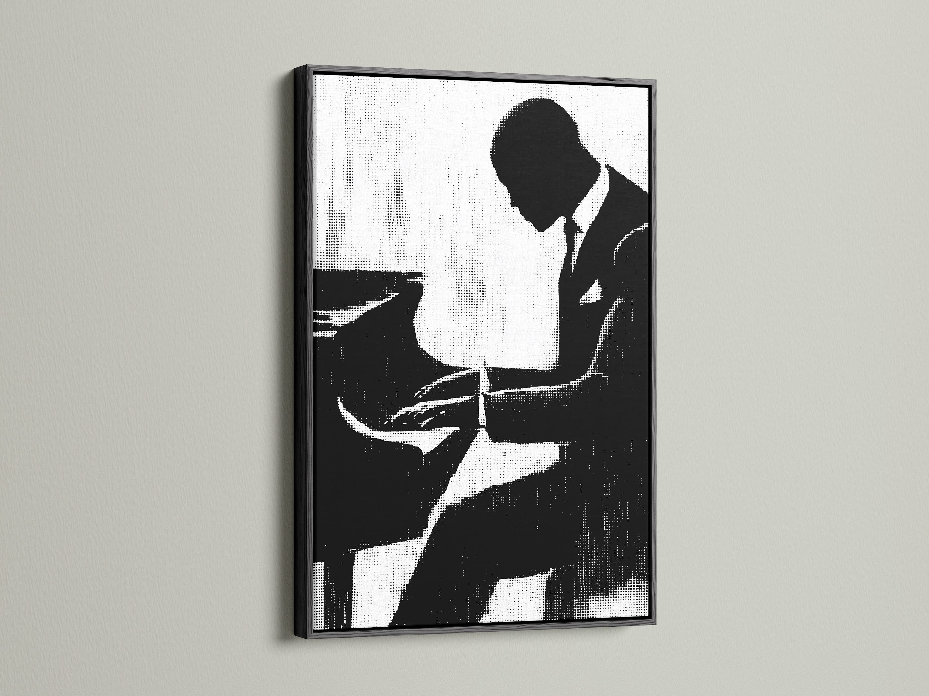 A musician silhouette art print is set in a black frame. This jazz wall art is a monochrome art piece. The vintage music art is ideal for band room decor. This musician poster is a perfect music lover gift.