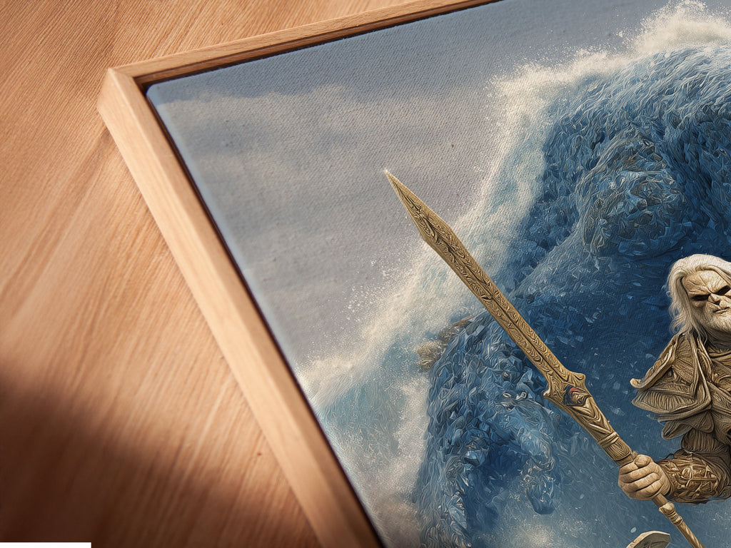 An angled close-up reveals the exquisite detail of a canvas print in a floating frame. The epic fantasy art features an ancient warrior battling a sea monster. The floating frame gives the artwork a modern and sophisticated look. It's perfect for adding a unique piece to your wall art collection.