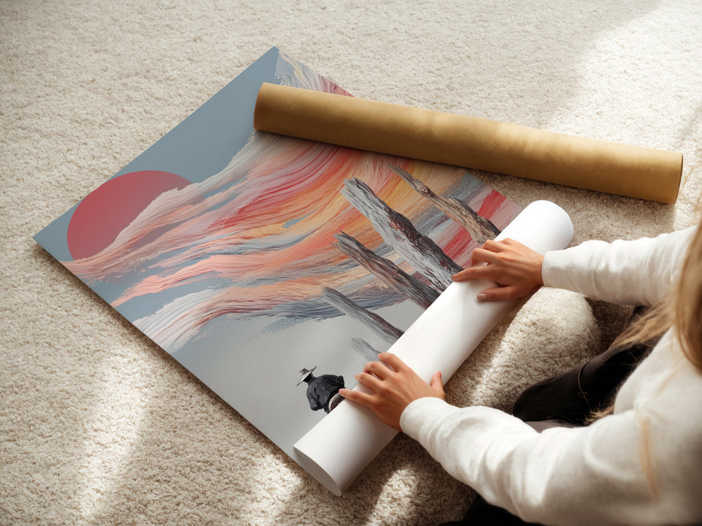 A woman carefully rolls a fine art poster paper. The poster features a cowboy sunset artwork. This high-quality print is perfect for framing or displaying as is. Ideal for adding a touch of western charm to any space.