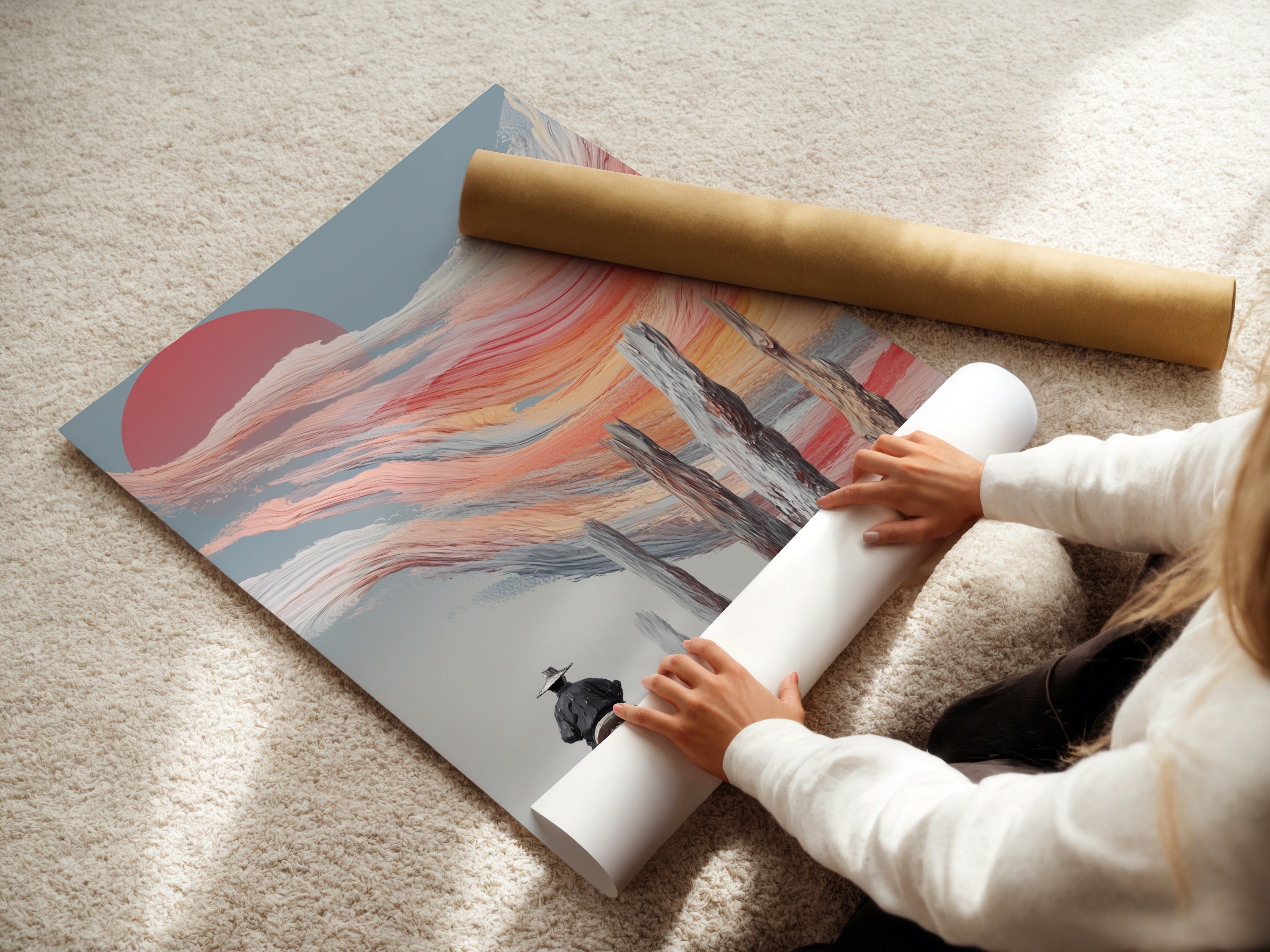 A woman carefully rolls a fine art poster paper. The poster features a cowboy sunset artwork. This high-quality print is perfect for framing or displaying as is. Ideal for adding a touch of western charm to any space.