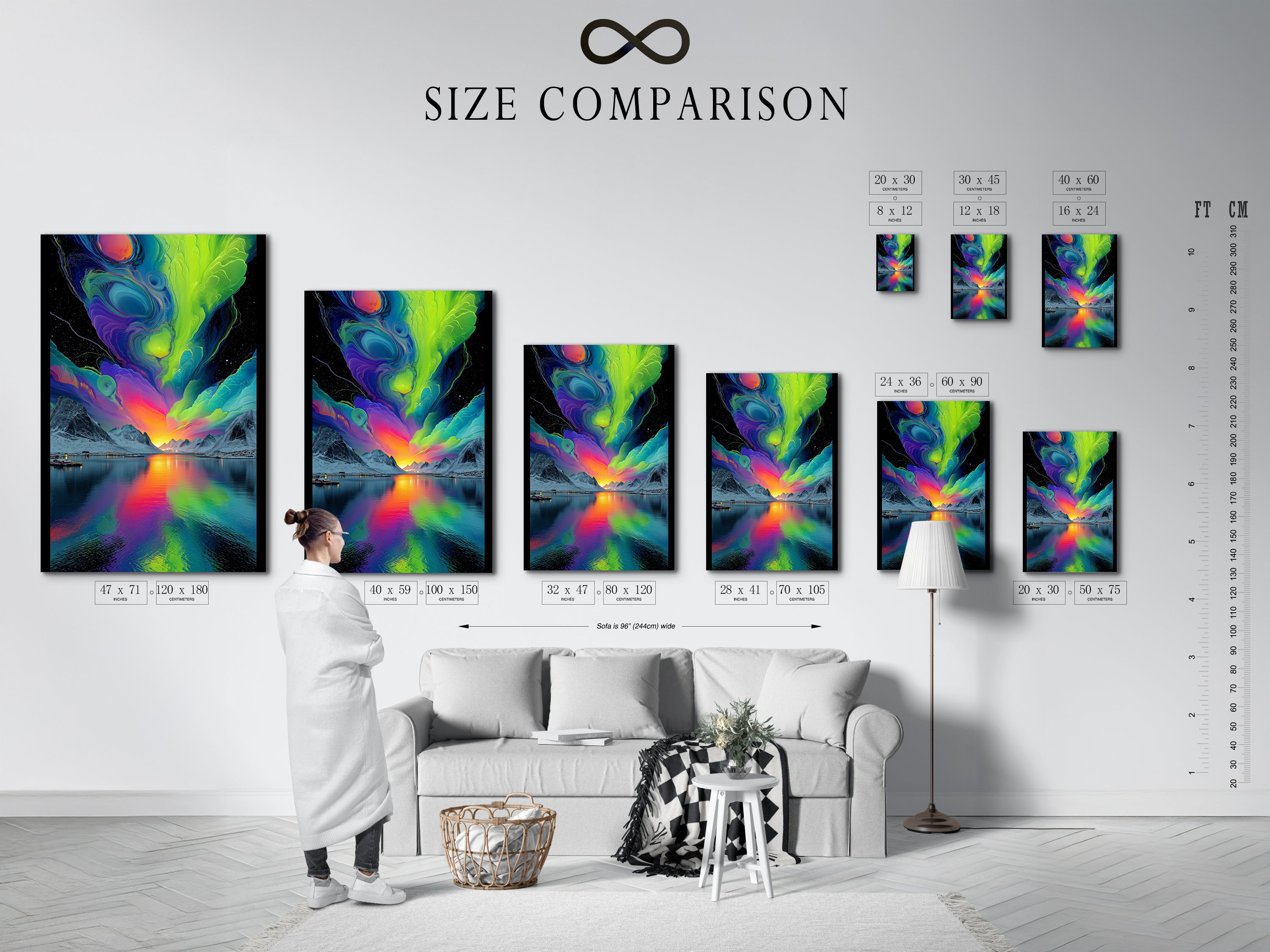 Size comparison chart displayed in a modern interior. Visualize artwork dimensions for perfect wall placement. Plan your aurora borealis canvas print layout with ease. Ensure the ideal fit for your space.