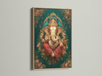 Ganesha Wall Art displayed in an oak frame. The artwork is a Hindu canvas print. The spiritual elephant god art adds peace to any room. Teal and gold colors enhance meditation room decor. A perfect piece for Indian art prints.