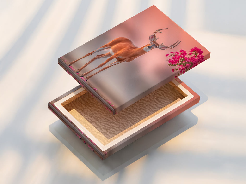 Stretched canvas print of deer artwork displayed. The wildlife canvas is ready to hang. Pink floral antlers add a pop of color. Nature photography print is vivid and clear. The stretched canvas is durable and stylish. This animal canvas art is a beautiful addition. Elevate your decor.