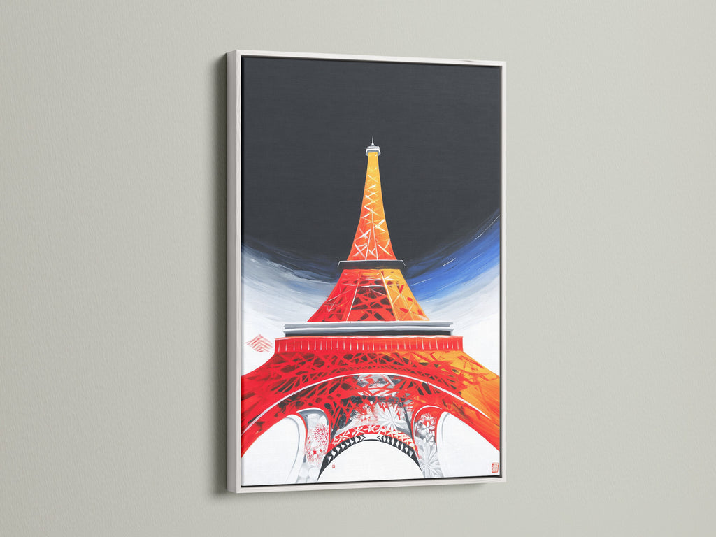 An Eiffel Tower artwork is beautifully presented in a white frame. The clean white finish offers a modern touch. It ensures the focus remains on the red orange abstract art. Complement your Paris canvas print with our stylish white frame.