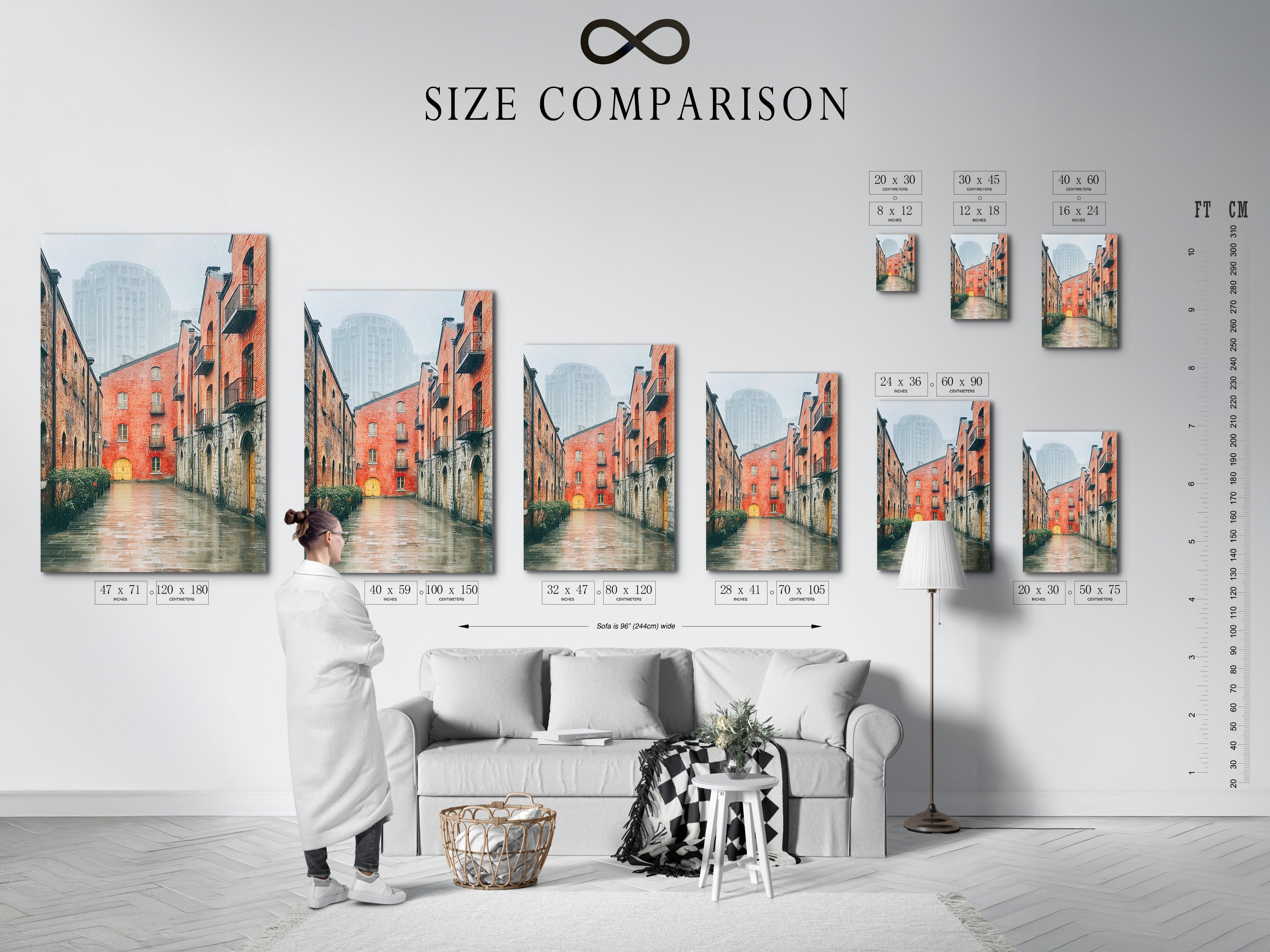 This size comparison chart shows the Brick Building Canvas Print in an interior setting. This urban wall art is perfect for visualizing how it fits in your space. It complements industrial and minimalist styles.