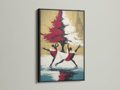 Ballet dancers canvas print in a black frame. This contemporary artwork adds a bold touch to your decor. The red and white colors pop against the black frame. Ideal for modern spaces. Enhance your home with this striking piece of art.