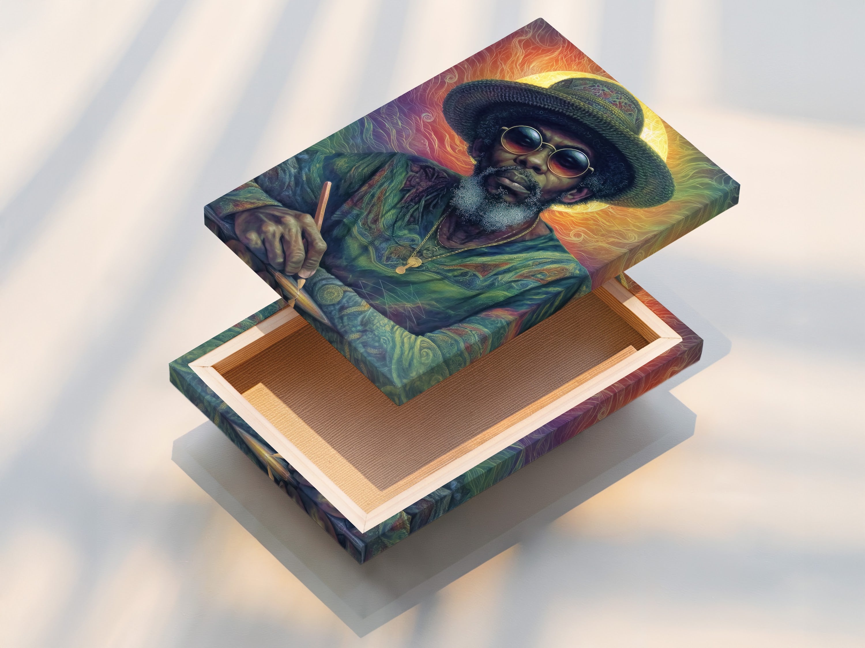 This is a stretched canvas print of psychedelic portrait artwork. The colorful Rastafarian print is ready to hang. It adds a vibrant spiritual touch to any room. Perfect for eclectic and bohemian decor styles in your home.