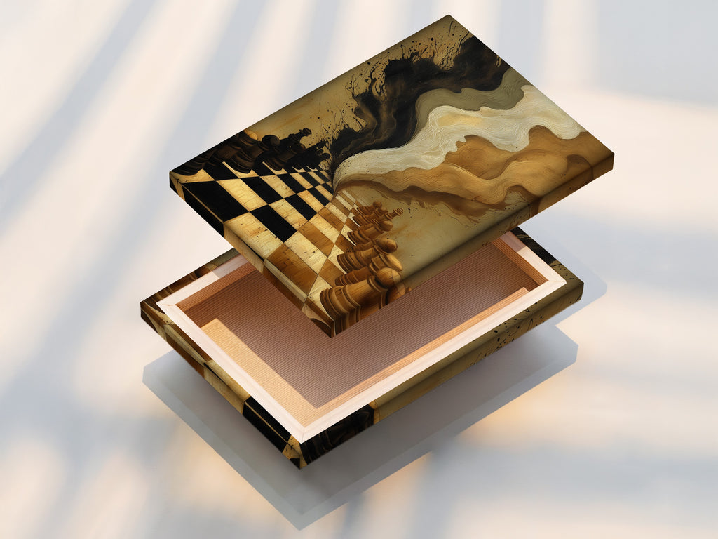 This is a stretched canvas print of the chess game artwork. The canvas is stretched tightly for a gallery-worthy look. Ready to hang this canvas print brings abstract art to your walls. Perfect for modern interiors.