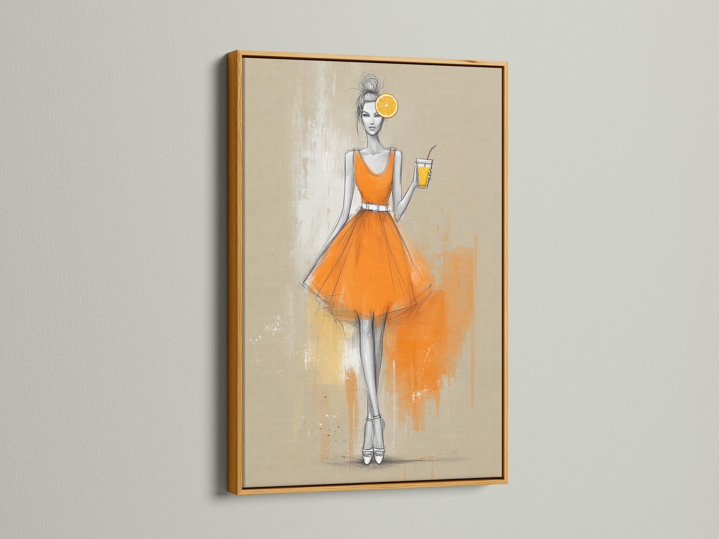Fashion Illustration Canvas Print in a gold frame. This retro fashion artwork is perfect for creating a chic and stylish atmosphere. Great for adding a touch of elegance to your bedroom or boutique. 