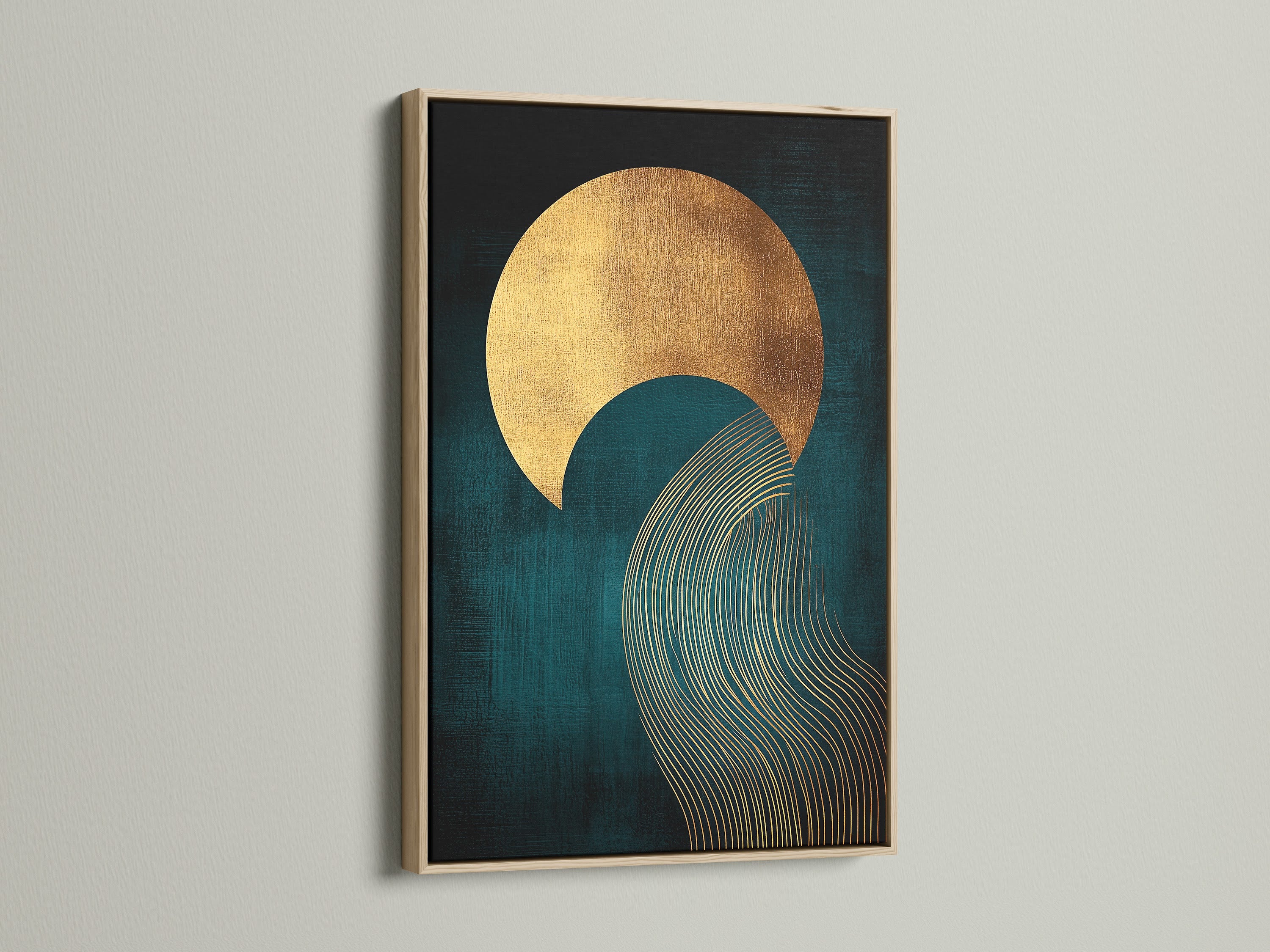 A teal and gold abstract sun wave artwork is showcased in an oak frame. This modern geometric art print brings a touch of contemporary style to any room. The artwork is ideal for bedroom wall decor and is perfect for minimalist modern or eclectic spaces. A sophisticated choice for living rooms bedrooms and home offices.