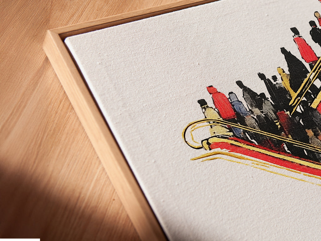 A detailed view of the canvas print in a floating frame. The red and gold accents pop against the urban scene. This escalator artwork adds modern flair to any space. The floating frame enhances the artwork's appeal. Ideal for modern office art.