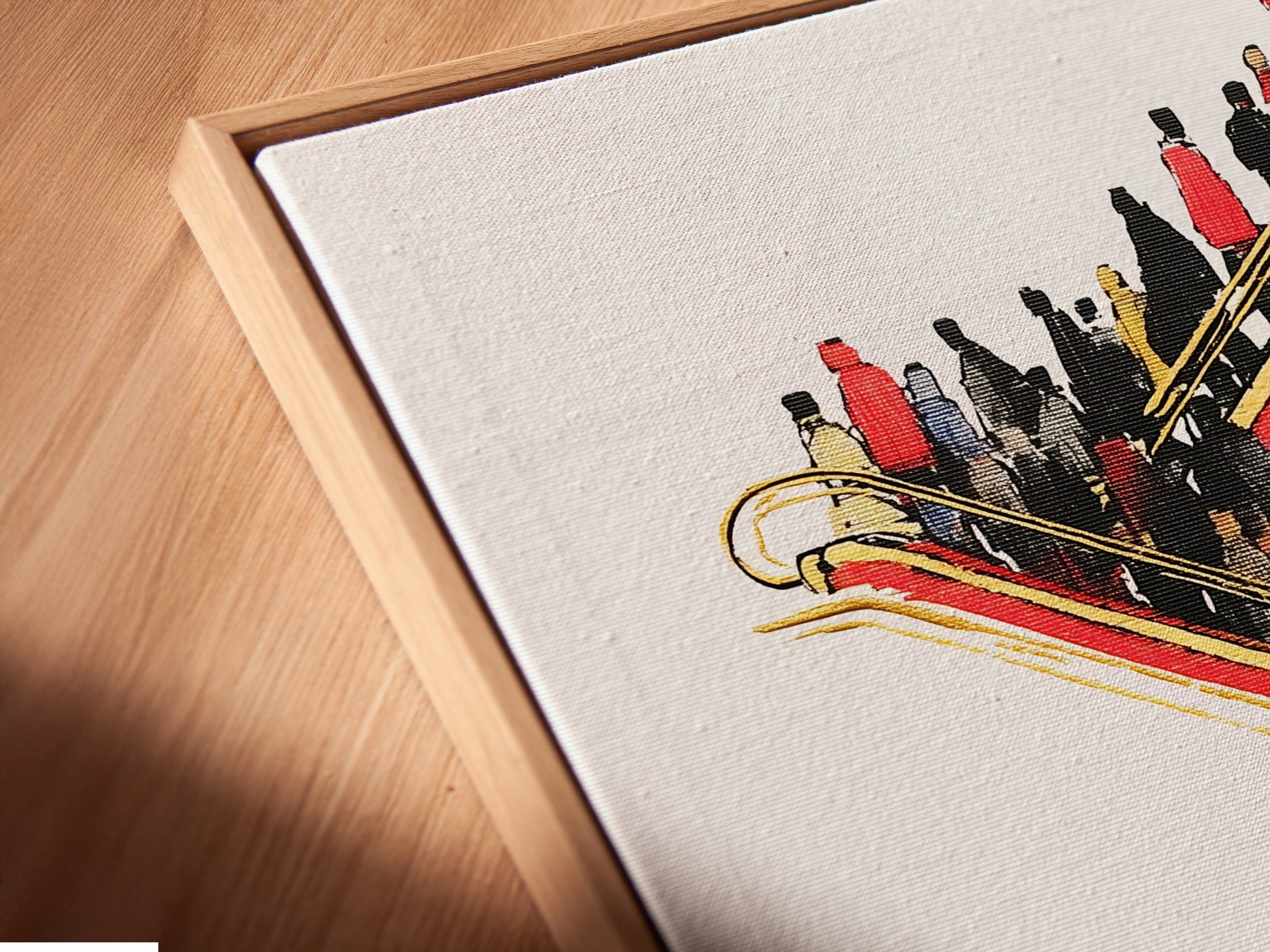 A detailed view of the canvas print in a floating frame. The red and gold accents pop against the urban scene. This escalator artwork adds modern flair to any space. The floating frame enhances the artwork's appeal. Ideal for modern office art.