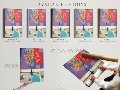 Available options for the Abstract Tree artwork. Choose from stretched canvas prints fine art poster paper or floating frames. Each option offers a unique look. Find the perfect style to match your aesthetic. Create a stunning display with this colorful geometric art.