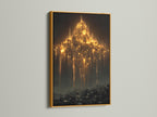 This gothic cathedral art print is framed in gold. It's an amazing piece of mystical wall art and dark academia decor. The fantasy architecture art features golden light. This cathedral print enhances any space with gothic wall decor. It is Ideal for study room decor.