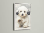 A white frame enhances this charming puppy wall art. This cute puppy poster brings a touch of Japanese style to your space. It's perfect for nursery wall art or kids room decor. This pet wall decor is adorable and complements contemporary styles. It is ideal for pet clinics and boutiques.