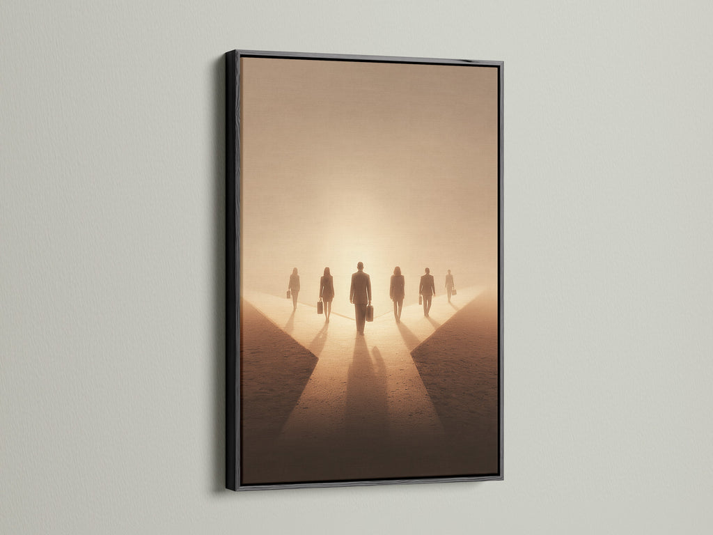 Artwork with a black frame. The art features people walking into the light. The black frame is a bold and dramatic choice. It will make a statement in any room. This artwork is perfect for adding a touch of sophistication to your space.