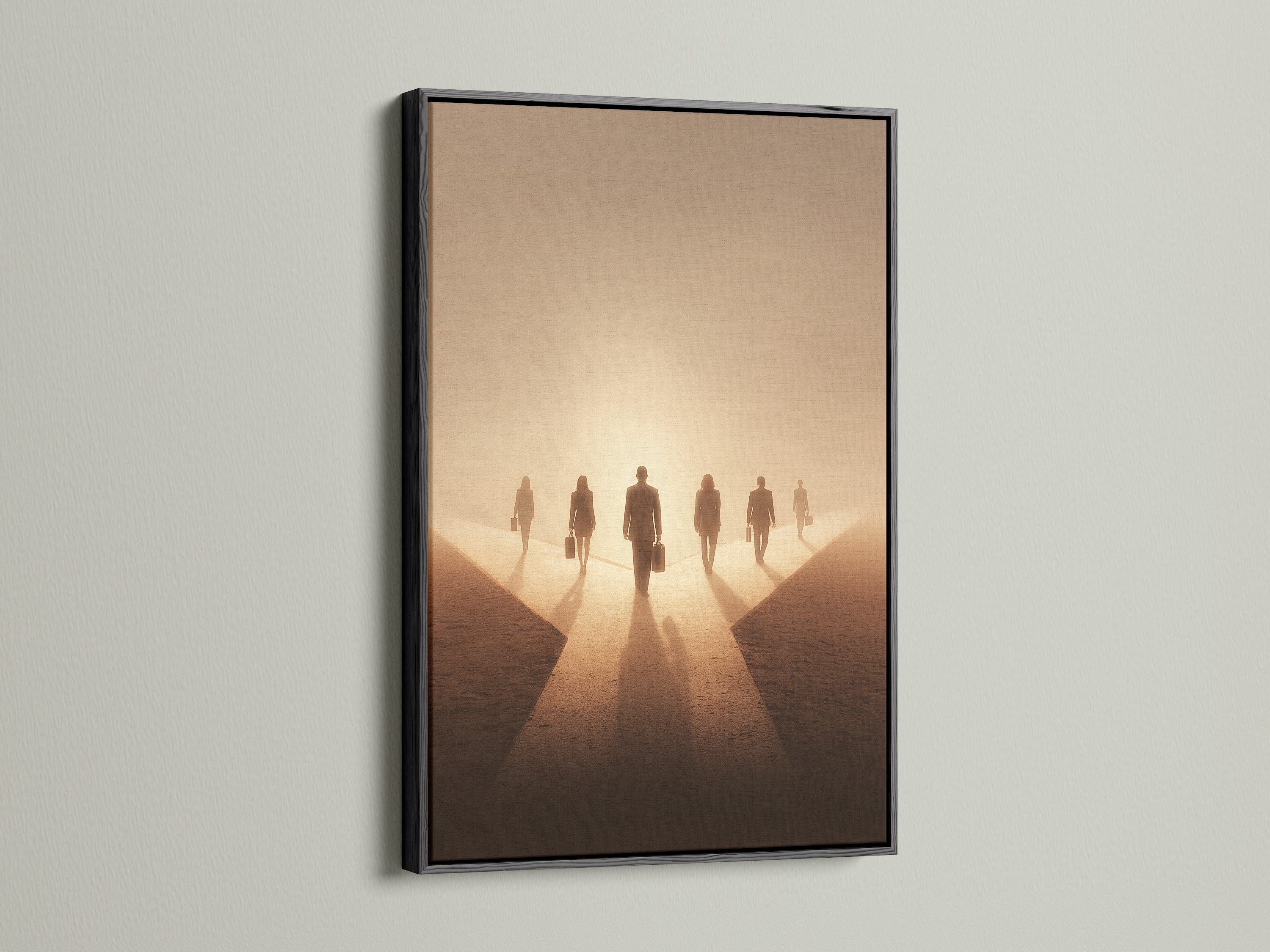 Artwork with a black frame. The art features people walking into the light. The black frame is a bold and dramatic choice. It will make a statement in any room. This artwork is perfect for adding a touch of sophistication to your space.