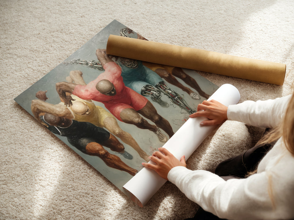 A woman is carefully rolling a fine art poster paper print of the running athletes artwork. This high quality paper ensures vibrant colors and sharp details. Perfect for sports wall art. Ideal for framing or displaying as a motivational poster in your home gym or office.