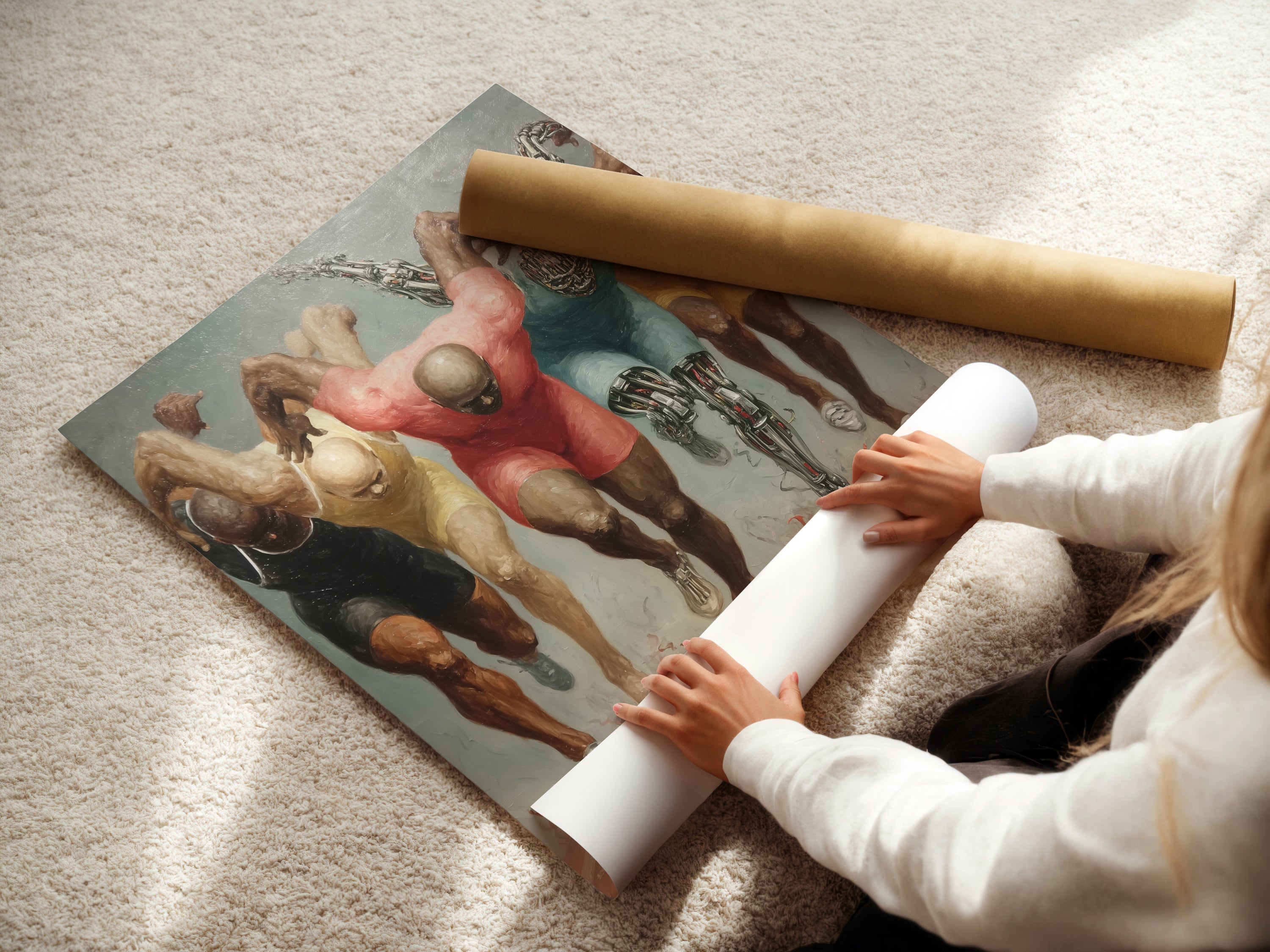 A woman is carefully rolling a fine art poster paper print of the running athletes artwork. This high quality paper ensures vibrant colors and sharp details. Perfect for sports wall art. Ideal for framing or displaying as a motivational poster in your home gym or office.
